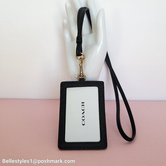 COACH Lanyard ID Crossgrain Leather w Lightweight Thin Strap- Black⭐ - Picture 1 of 13